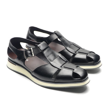 XEBOS Men's Sandals Genuine Leather Cowhide Summer Outdoor Flat Shoes Casual Sneakers Buckle Strap Black Brown Male Footwear