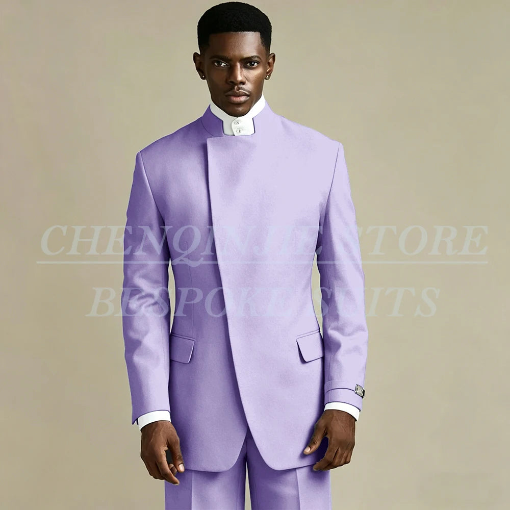 Elegant Black Men's Suits 2 Piece Jacket Pants Outfits Formal Single Breasted Stand Lapel Skinny Clothing Costume Homme