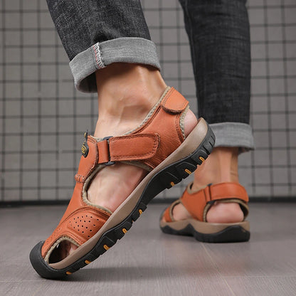2025 Large-Size Leather Men's Shoes Summer Sandals Casual Outdoor Head Beach Shoes Comfortable Breathable Hollow Velcro Patch