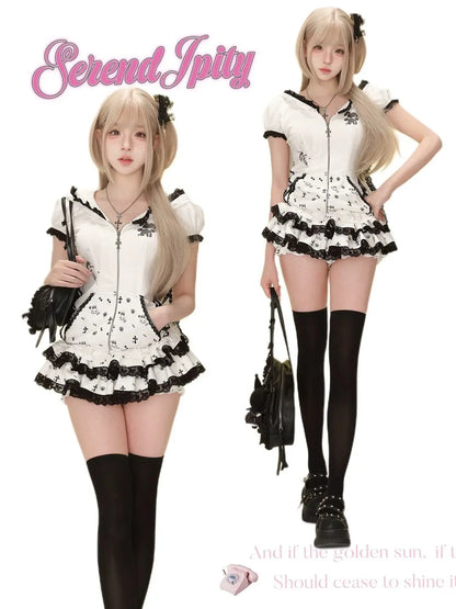 Summer Sweet Preppy Style 2 Piece Sets Women Y2k Kawaii Lolita Design Tops + High Waist Chic Skirt Female Princess Retro Outfits
