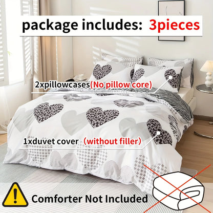 Gray and White Heart-Shaped Leopard Print Three-Piece Quilt Cover Set, Skin-Friendly and Breathable Bedding, Suitable for All Seasons