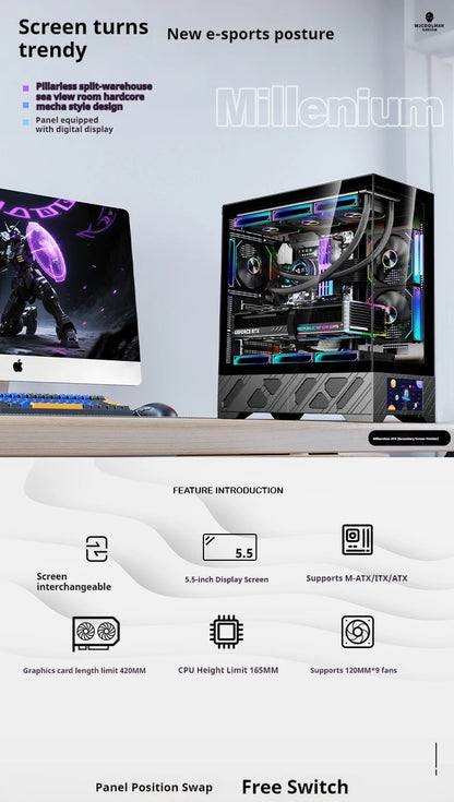 WJCOOLMAN Millennium ATX PC case screen/digital display supports 360 water cooled sea view room Customize screen computer case