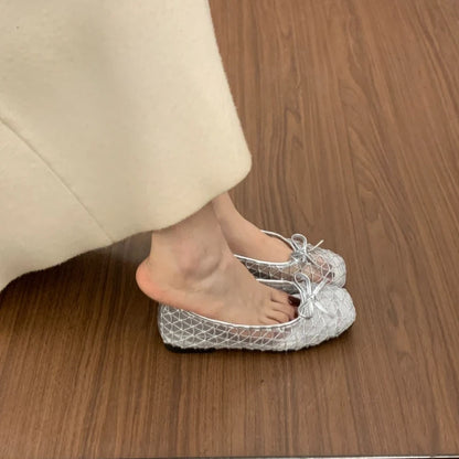 2026 Summer New Fashion Bow Flat Sandals for Women Slip-on Designer Style Casual Walking Breathable Elegant Ballet Shoes