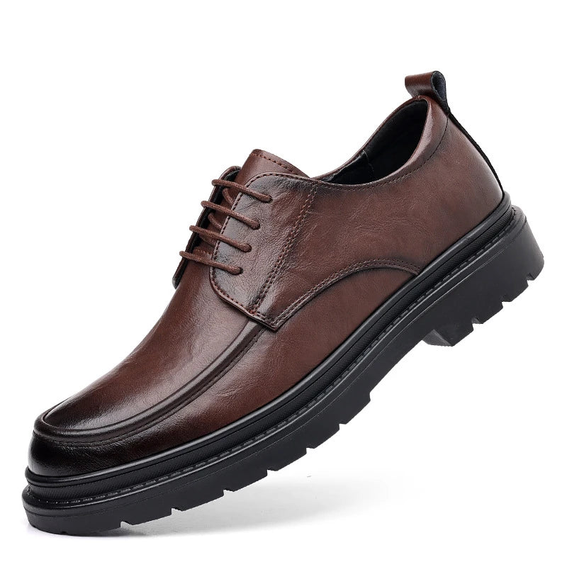 Mens Black Wrinkled Leather Apron Toe Lace Up Dress Shoes Thick Lug Sole Chunky Formal Business Office Work Daily Wear Shoes