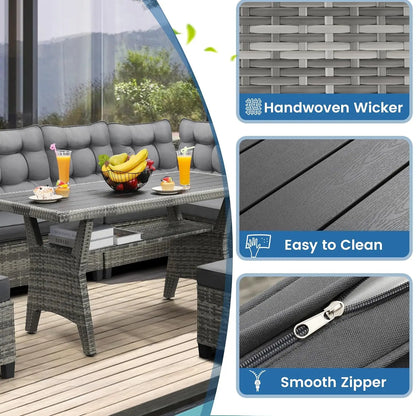 6-Piece Patio Sectional Sofa Dining Set All-Weather Removable Cushion Covers Garden Porch Backyard, Custom