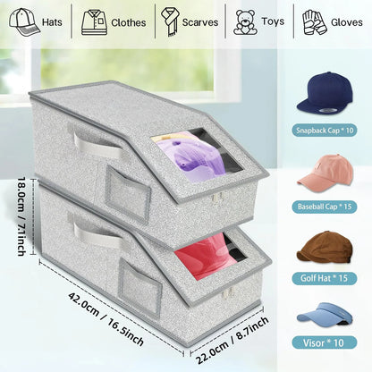 Baseball Cap Storage Box with Clear Window Holds 10+ Caps Dust-Proof with Handle Clothing Hat Organizer Box