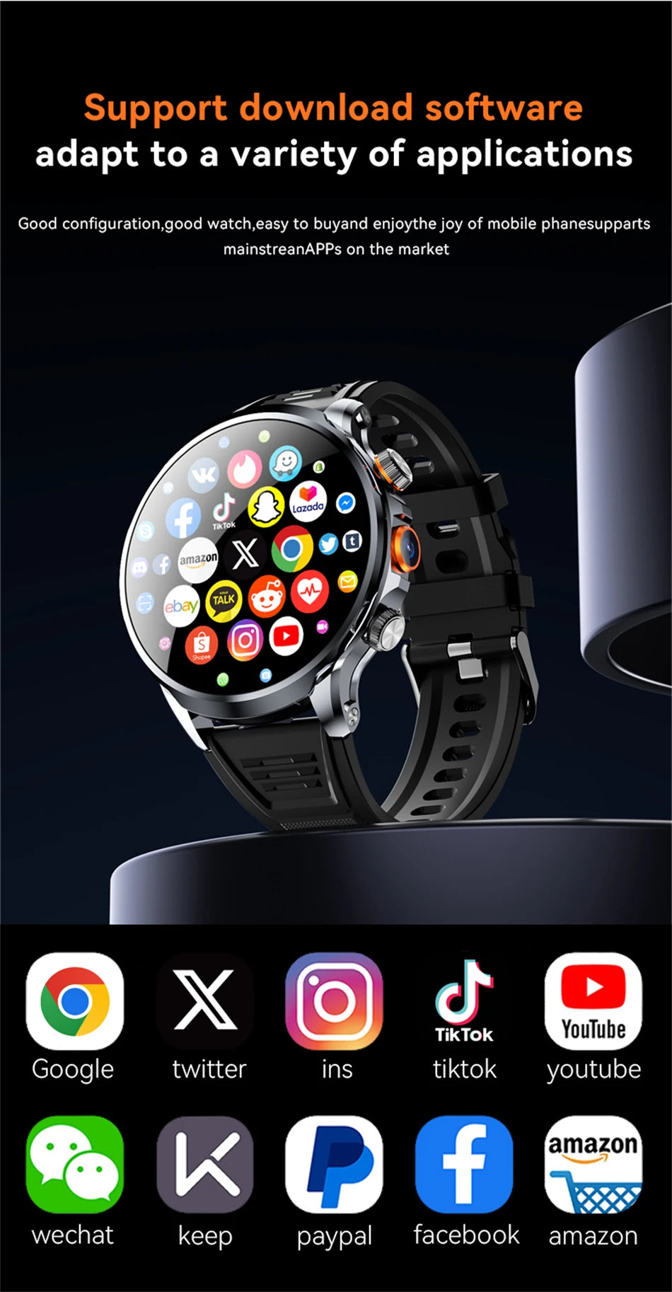 5G/4G Smart Watch 1.95 inch AMOLED 1880mah Battery 16GB+256GB RAM 800W Camera GPS WIFI Google APP Download Heart Rate Smartwatch