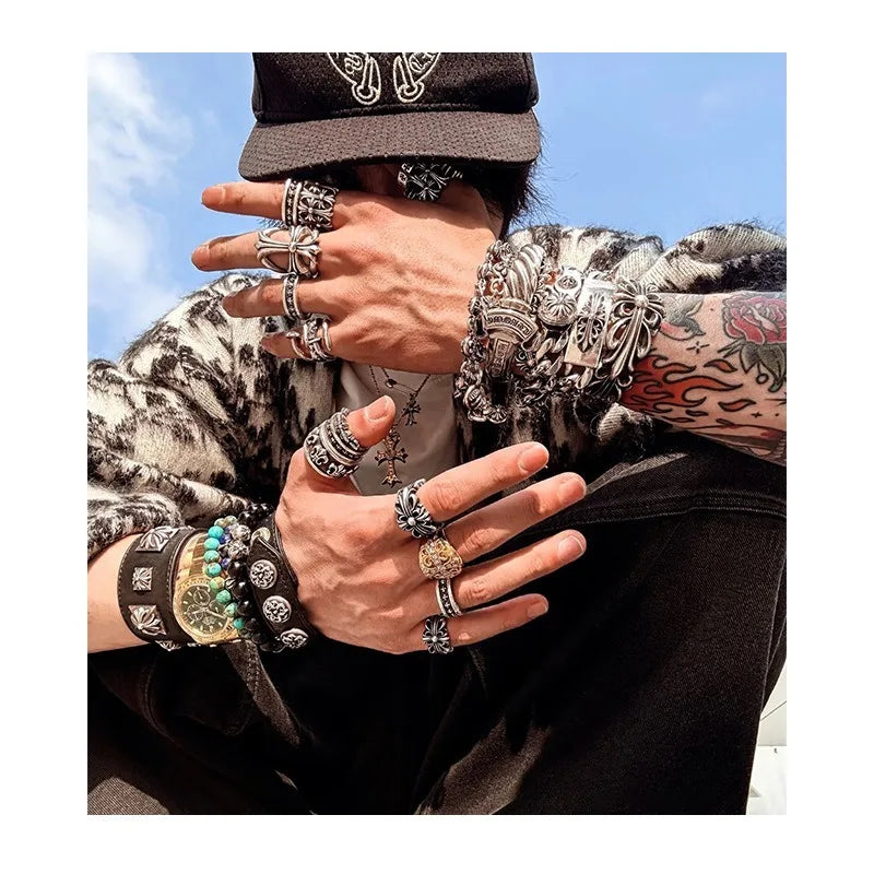 Bracelet Punk Cross Full Flower Domineering Old Sword Hip Hop Rock Fashion Thick Bracelet Men's