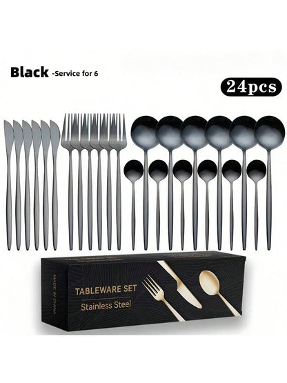 Gold/Black, Stainless Steel Knife, Fork And Spoon 24-Piece Cutlery Set, Including Fork Spoon Knife And Coffee Spoon, Dinner Fork
