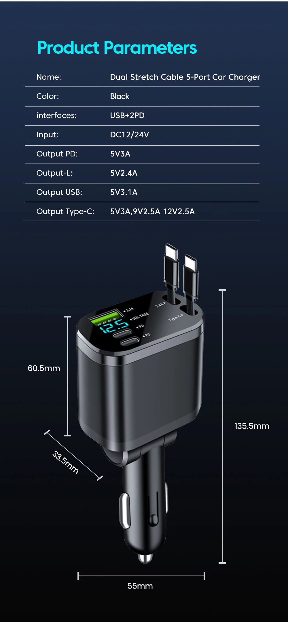 Elough Digital Display Car Charger with Retractable Cable PD Car Fast Charger for iPhone Xiaomi Huawei Samsung
