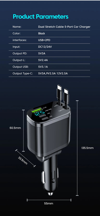 Elough Digital Display Car Charger with Retractable Cable PD Car Fast Charger for iPhone Xiaomi Huawei Samsung
