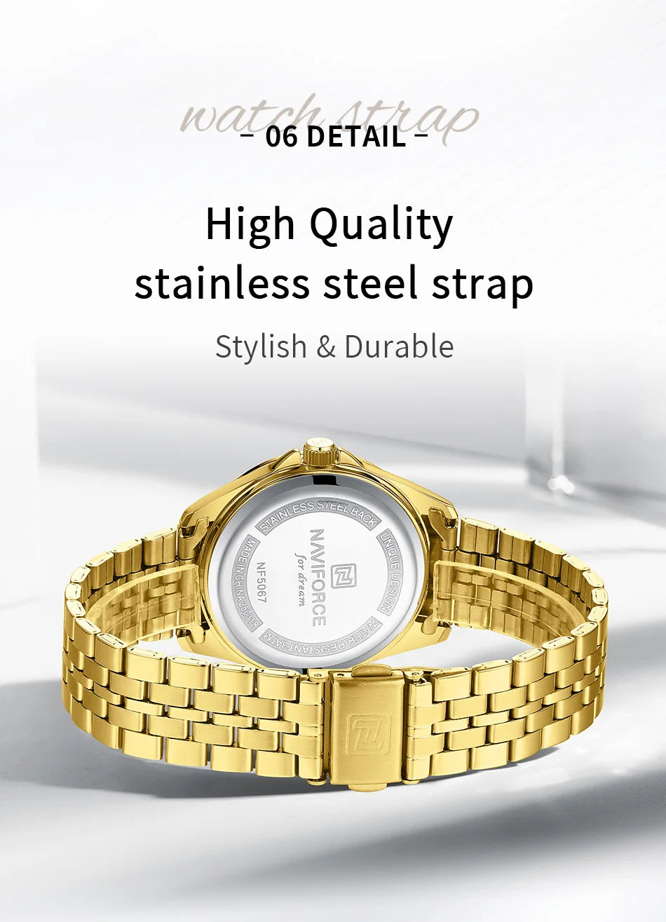 NAVIFORCE Ladies 3ATM Waterproof Quartz Watch Simple Fashion Stainless Steel Watchband Woman Quartz Watch Gifts For Women NF5067
