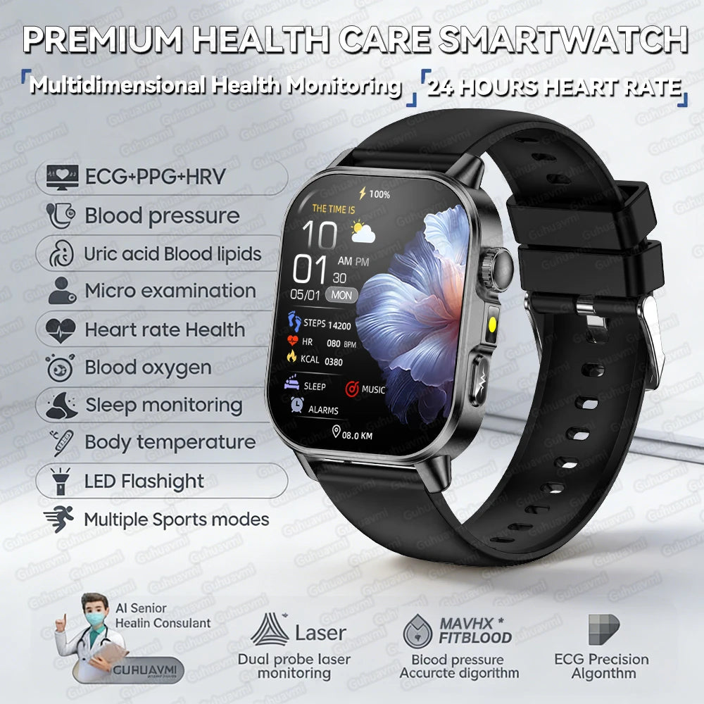 New Professional Health Watch Blood Pressure 2.01"AMOLED Screen Uric Acid Blood Lipids Flashlight Care Smart Watches for Women