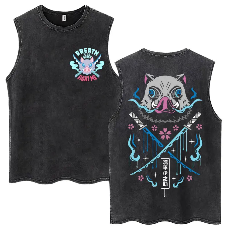 Washed Anime Demon Slayer Hashibira Inosuke Mask Face Tank Tops Men Women Vintage Fashion Cotton Sleeveless T Shirts Streetwear