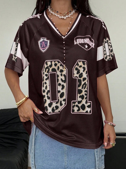 Women's Summer Going Out Streetwear Y2K Leopard Print Number Graphic Jersey Short Sleeve V Neck T Shirt Sporty Casual Tops