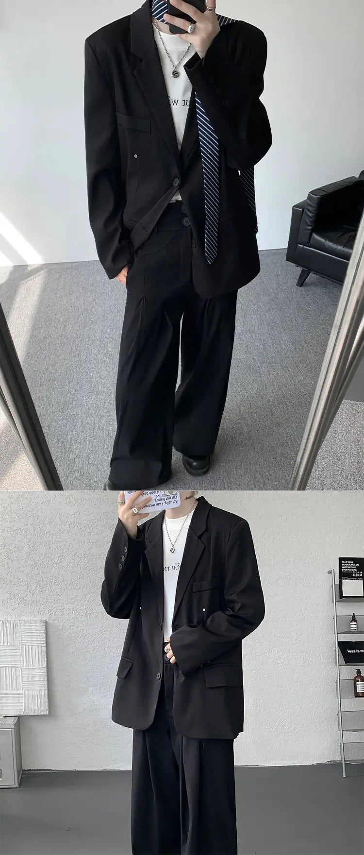 Casual suit set Men Loose fitting 2 piece suit Shoulder pads Trend Streetwear Korean 2025 NEW suit jacker+suit pants