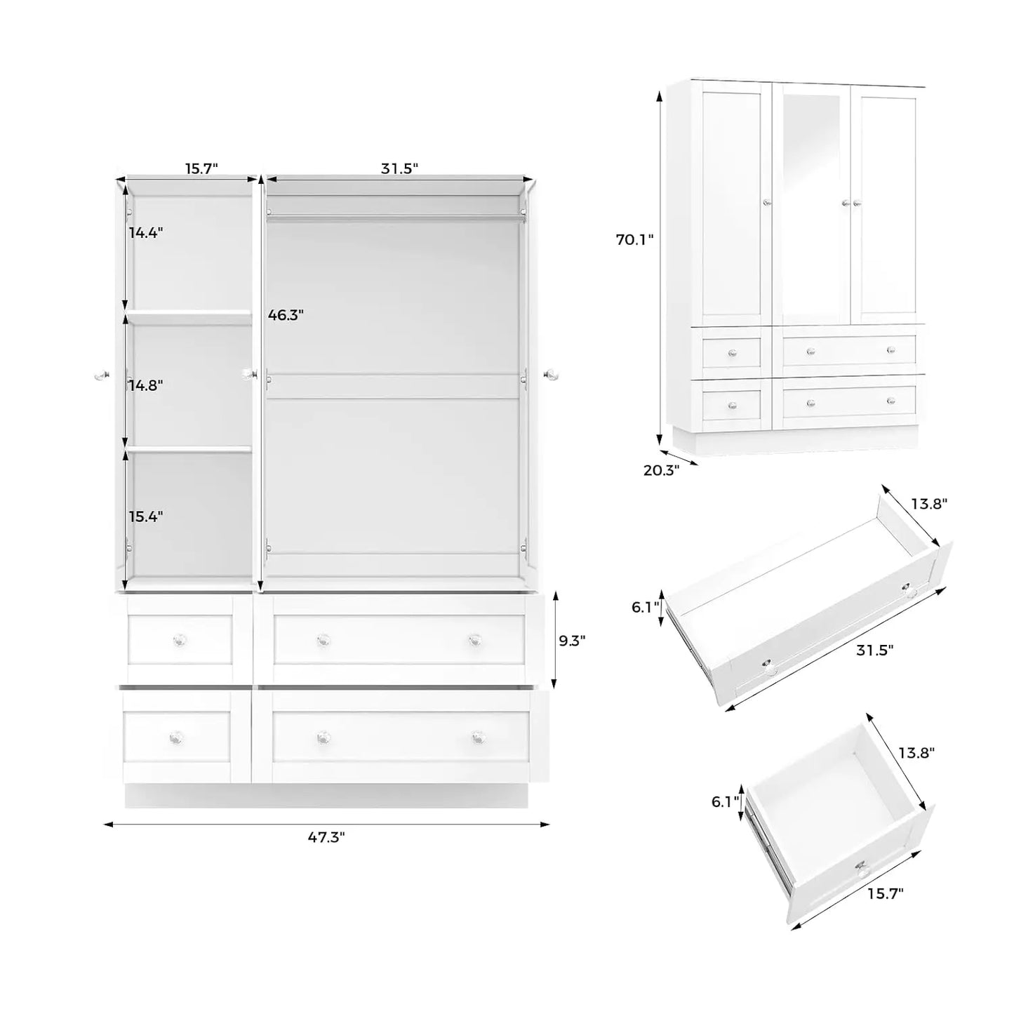 3 Doors Wardrobe Mirror 4 Drawers LED Light Large Capacity Bedroom Storage Cabinet, Custom