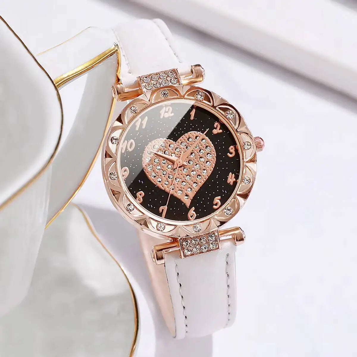 3PCS Women Watches Set Fashion Rhinestone Heart Dial Quartz Watch Female Leather Strap Wristwatch Reloj Mujer（Without Box）