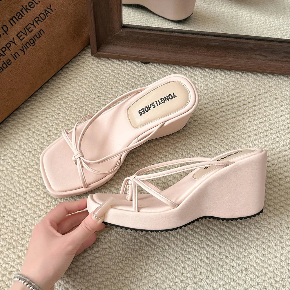 Sweet Butterfly Knot Design Women's Sandals Summer New Style Purple Slip-On Wedge Heel Outdoor Wearable Comfortable Slides