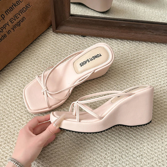 Sweet Butterfly Knot Design Women's Sandals Summer New Style Purple Slip-On Wedge Heel Outdoor Wearable Comfortable Slides