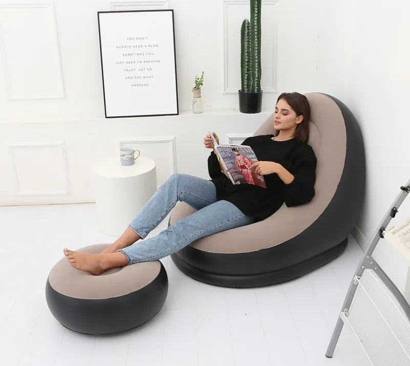 OTAUTAU Inflatable Lounger with Footstool Ottoman Chaise Lounge Recliner Outdoor Portable Camping Couch Garden Chair Pouf SF029