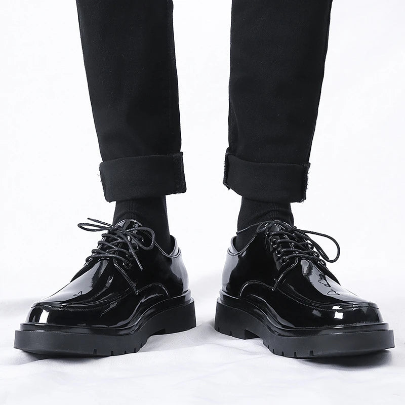 Mens Black Patent Leather Perforated Lace Up Chunky Platform Oxford Shoes Breathable Casual Business Formal Summer Dress Shoes