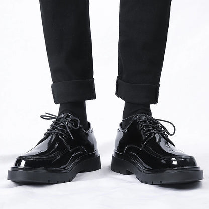 Mens Black Patent Leather Perforated Lace Up Chunky Platform Oxford Shoes Breathable Casual Business Formal Summer Dress Shoes