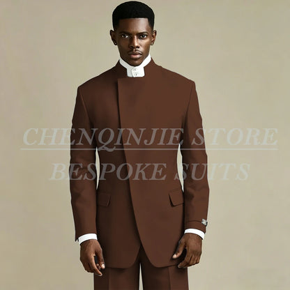 Elegant Black Men's Suits 2 Piece Jacket Pants Outfits Formal Single Breasted Stand Lapel Skinny Clothing Costume Homme