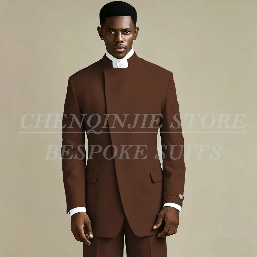 Elegant Black Men's Suits 2 Piece Jacket Pants Outfits Formal Single Breasted Stand Lapel Skinny Clothing Costume Homme