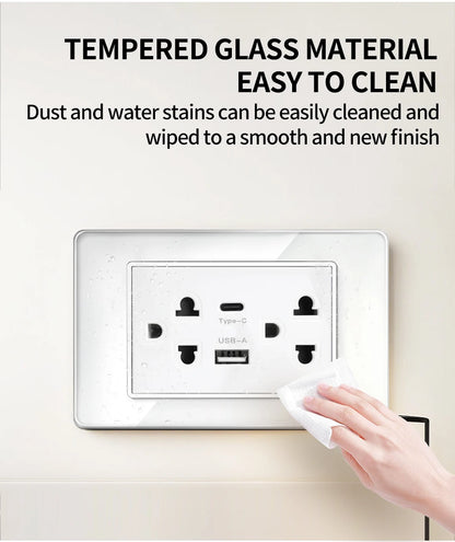118*75mm TEMPERED GLASS SWITCH PANEL Wall Socket with USB Type - C, Grey US Switch, Thai Plug for Home & Office Use