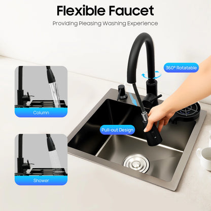 Multi-functional Kitchen Sink with Retractable Faucet, Soap Dispenser and Drip Basket Black Stainless Steel Sink 3 Specification