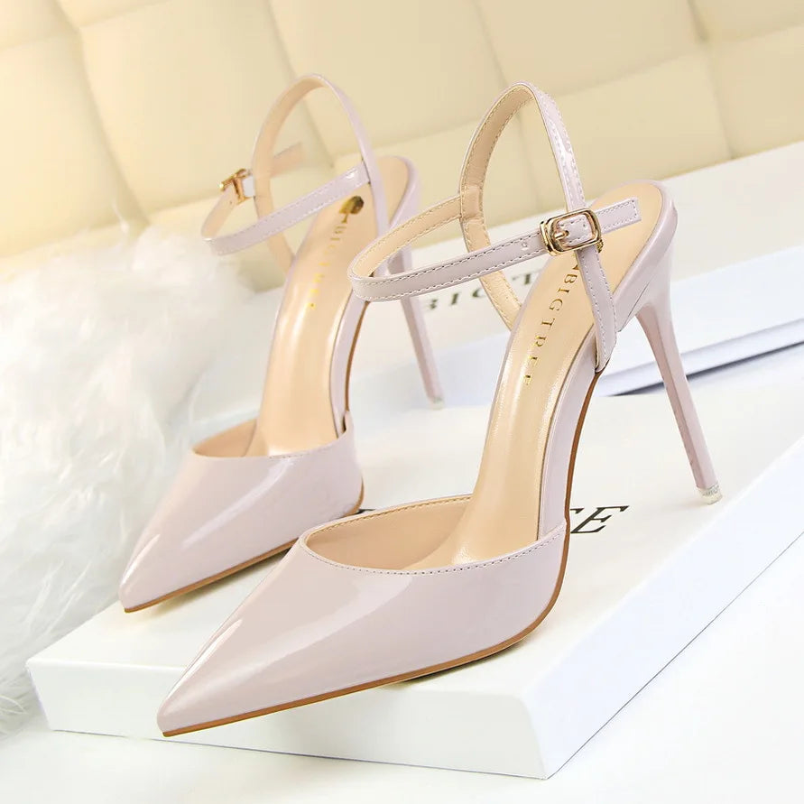 Women High Heels Sandals Metallic Gray Patent Leather Stripper Ankle Strap Wedding Nightclub Pointed Toe Party Valentine 86-1