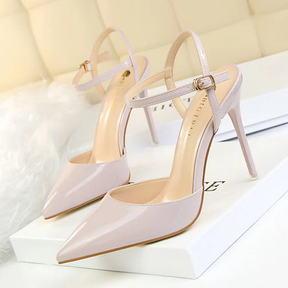 Women High Heels Sandals Metallic Gray Patent Leather Stripper Ankle Strap Wedding Nightclub Pointed Toe Party Valentine 86-1