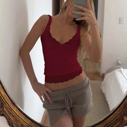 Square Collar Backless Slim Lace Ruffles Patchwork Tank Top Women'S Fashion Sexy Y2K Top Party Vacation Short Summer Clothes