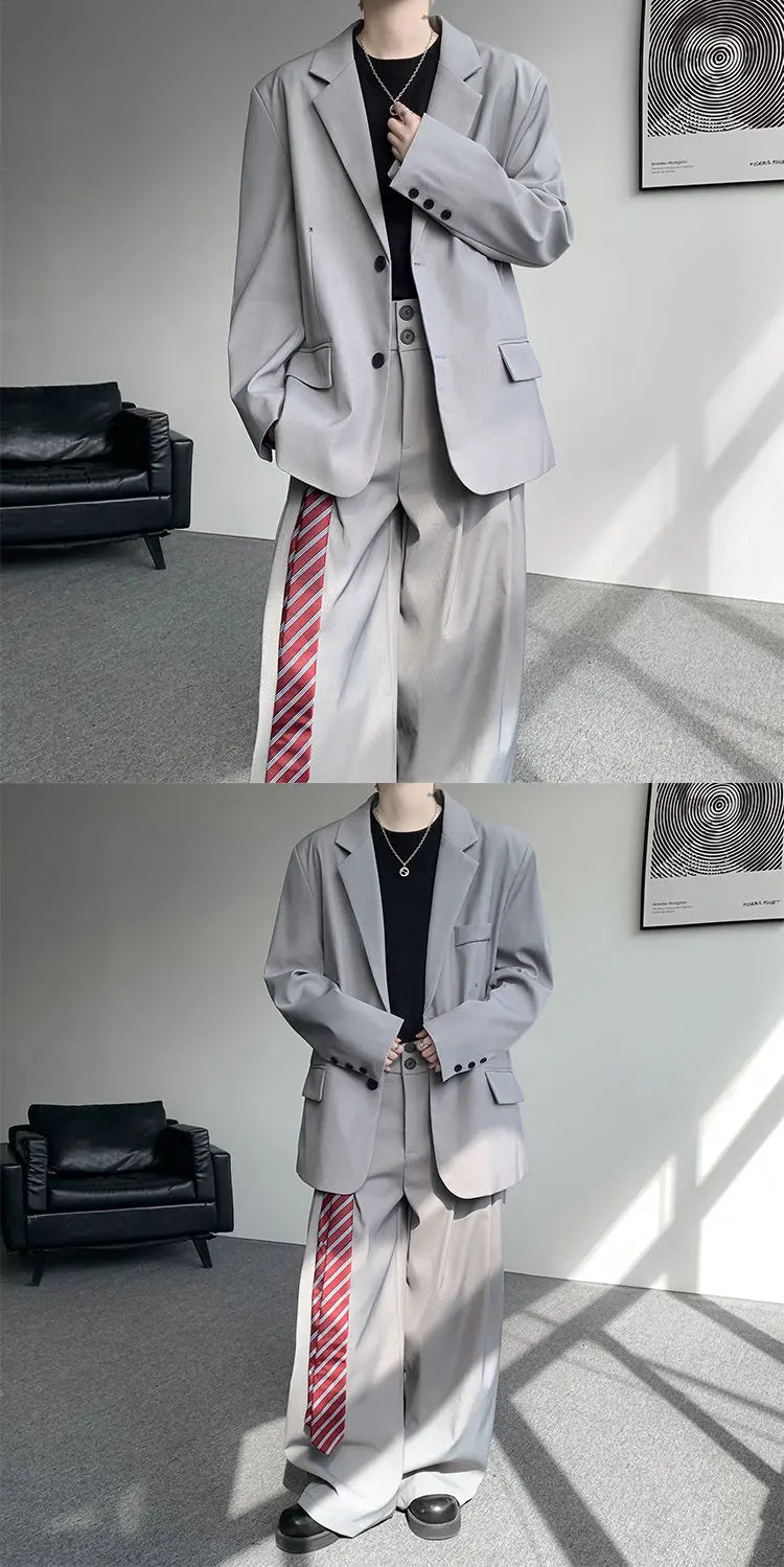Casual suit set Men Loose fitting 2 piece suit Shoulder pads Trend Streetwear Korean 2025 NEW suit jacker+suit pants