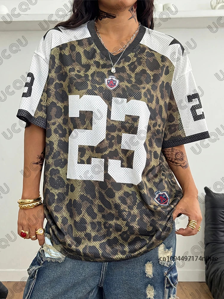 Summer New Leopard No. 23 Print T-Shirt For Women V-Neck Patchwork Short Sleeve Sports Football Jersey Y2K Loose Oversized Tops