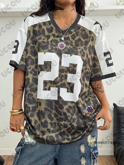 Summer New Leopard No. 23 Print T-Shirt For Women V-Neck Patchwork Short Sleeve Sports Football Jersey Y2K Loose Oversized Tops
