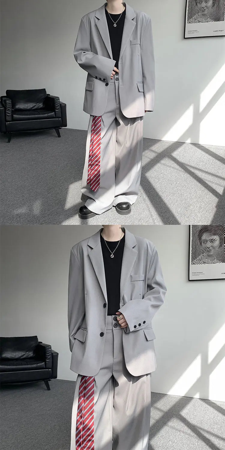 Casual suit set Men Loose fitting 2 piece suit Shoulder pads Trend Streetwear Korean 2025 NEW suit jacker+suit pants