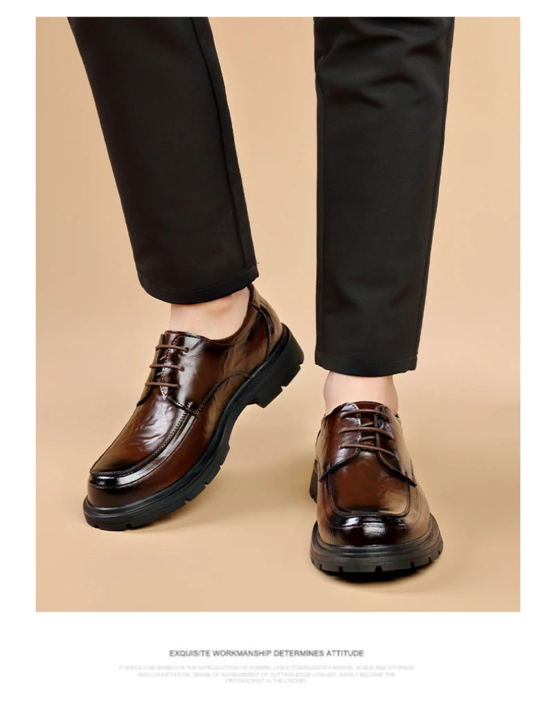 Mens Black Genuine Leather Wrinkled Lace Up Chunky Sole Formal Business Oxfords Casual Daily Wear Dress Shoes Stylish And Simple