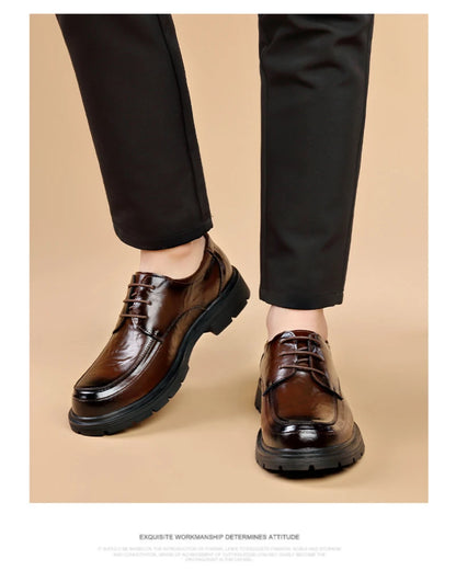 Mens Black Genuine Leather Wrinkled Lace Up Chunky Sole Formal Business Oxfords Casual Daily Wear Dress Shoes Stylish And Simple