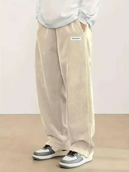 Autumn Mens Corduroy Casual Pants Fashion Loose Fit Pants Straight Sweatpants Elastic Waist Drawstring Outdoor Streetwear