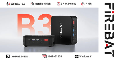 FIREBAT R3 MINI PC AMD Ryzen 5 7430U 6C/12T MAX 4.3GHz 16GB LPDDR4 RAM 512GB SSD WIFI6 BT5.2 Windows 11 Desktop Computer