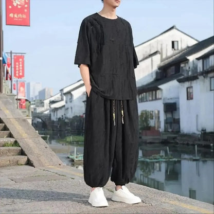Men's Chinese Style Linen Co-ord Set Oversized Jacquard T-Shirt & Harem Pants Two Piece Outfit