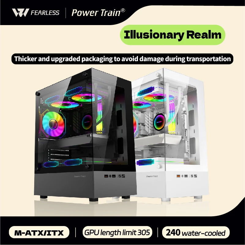 Power Train Illusionary Realm Computer Case M-ATX ITX Seaview Room Side Transparent Desktop Chassis Support 240 Water Cooler