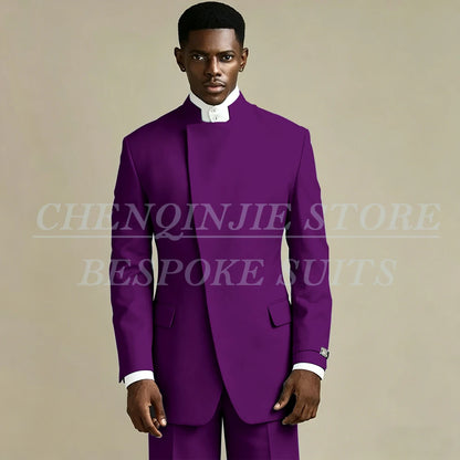 Elegant Black Men's Suits 2 Piece Jacket Pants Outfits Formal Single Breasted Stand Lapel Skinny Clothing Costume Homme