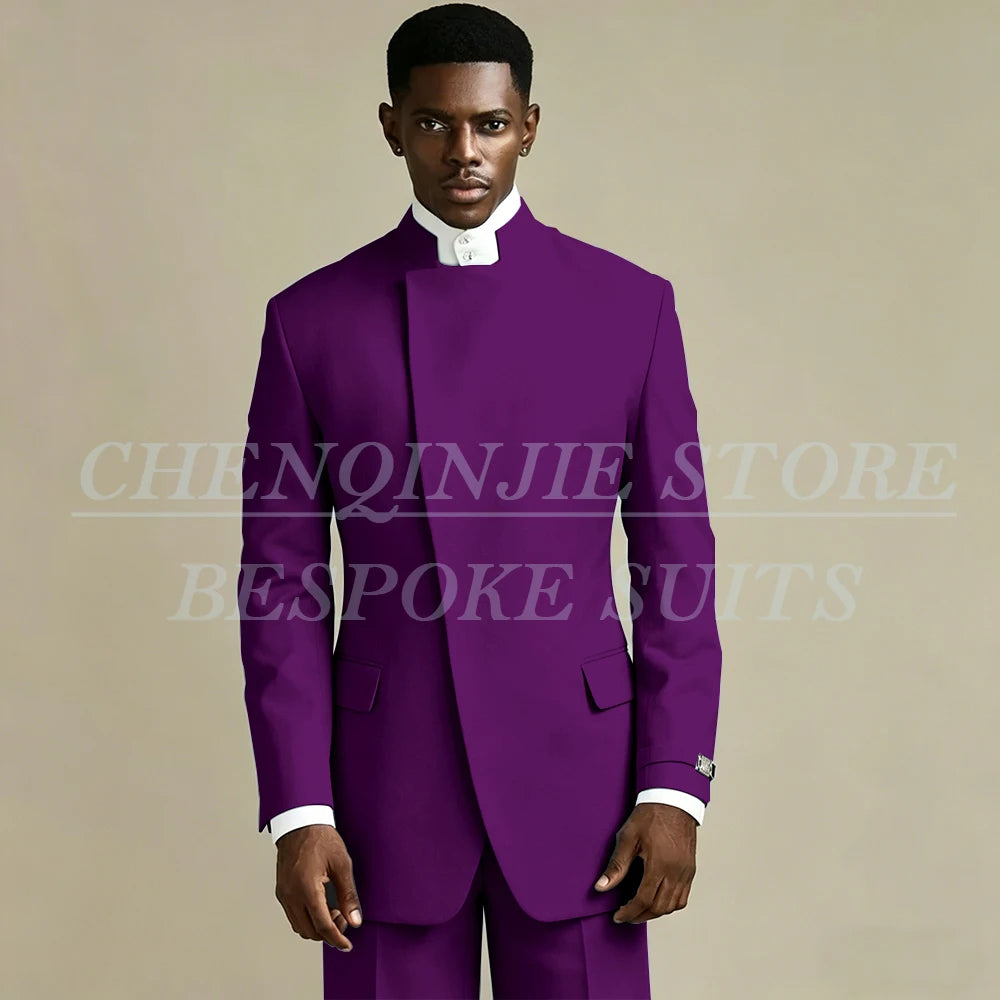 Elegant Black Men's Suits 2 Piece Jacket Pants Outfits Formal Single Breasted Stand Lapel Skinny Clothing Costume Homme