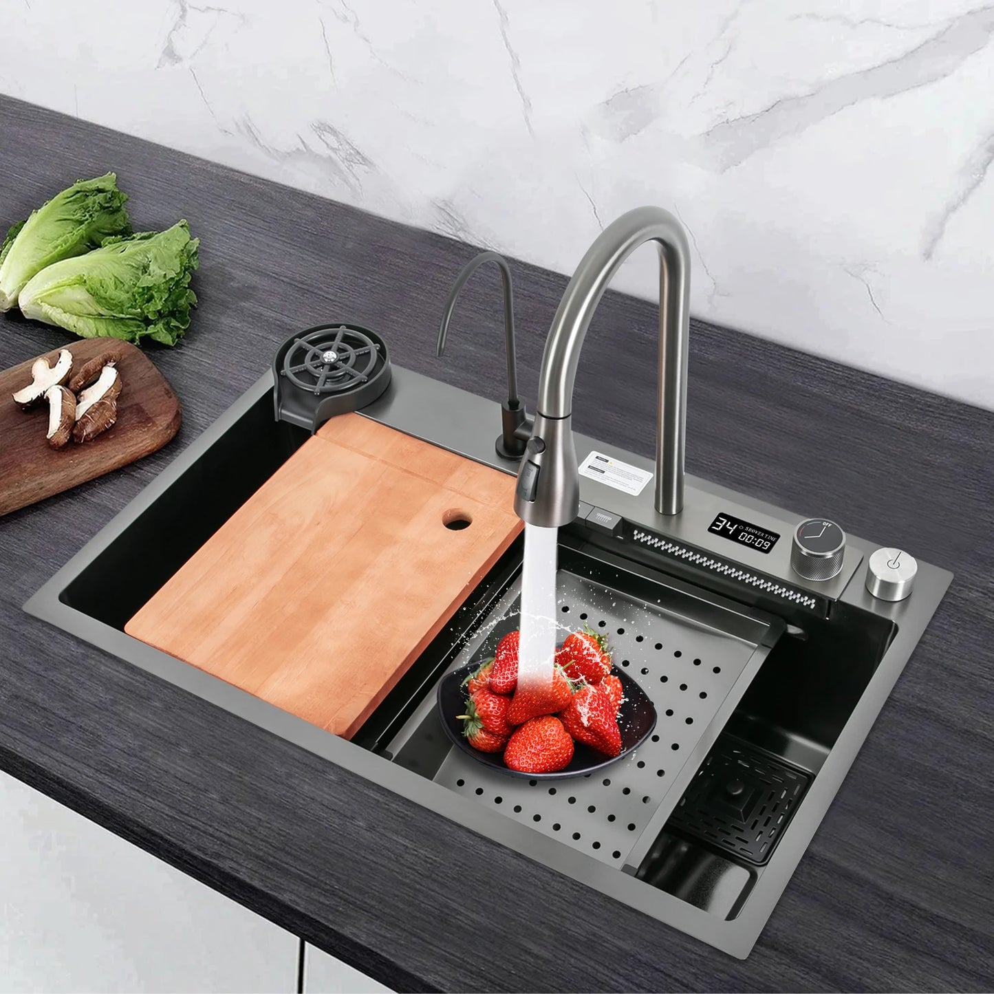 75*46CM Stainless Steel Waterfall Kitchen Sink with Pull Out Faucet,Soap Dispenser,Cup Washer