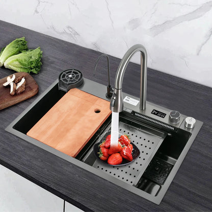 75*46CM Stainless Steel Waterfall Kitchen Sink with Pull Out Faucet,Soap Dispenser,Cup Washer