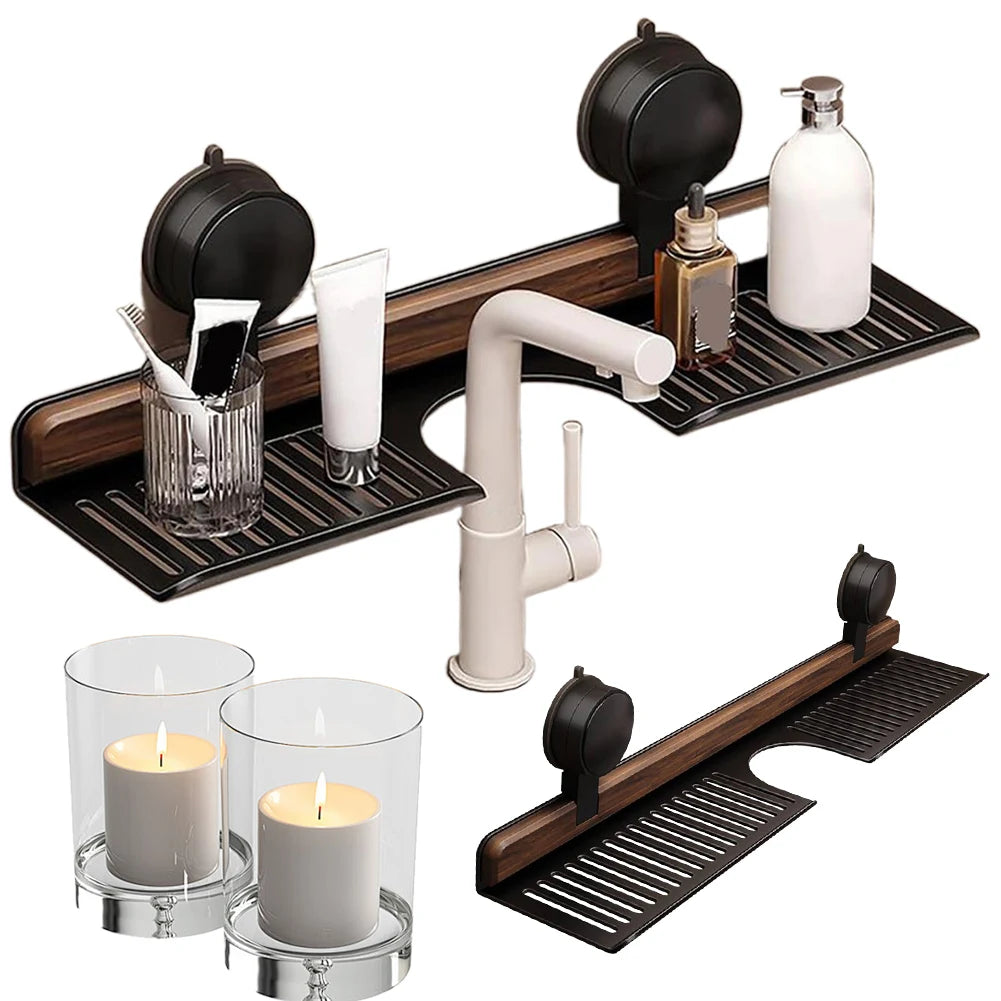 Walnut Suction Cup Bathroom Shelf No Drilling Faucet Organizer Rack Over Faucet Sink Rack Bathroom Accessories