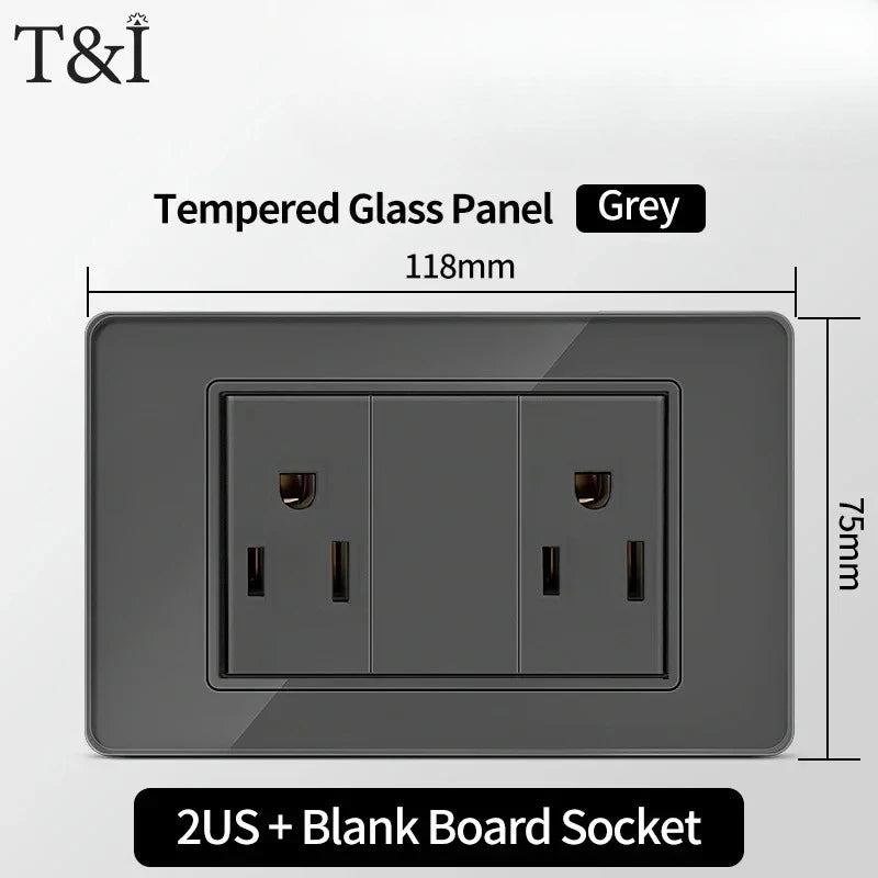 118*75mm TEMPERED GLASS SWITCH PANEL Wall Socket with USB Type - C, Grey US Switch, Thai Plug for Home & Office Use